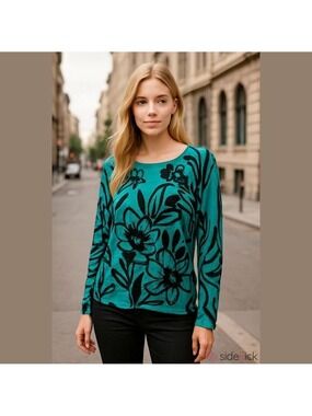 Cache Teal Black Floral Long Sleeve Top Oversized Medium